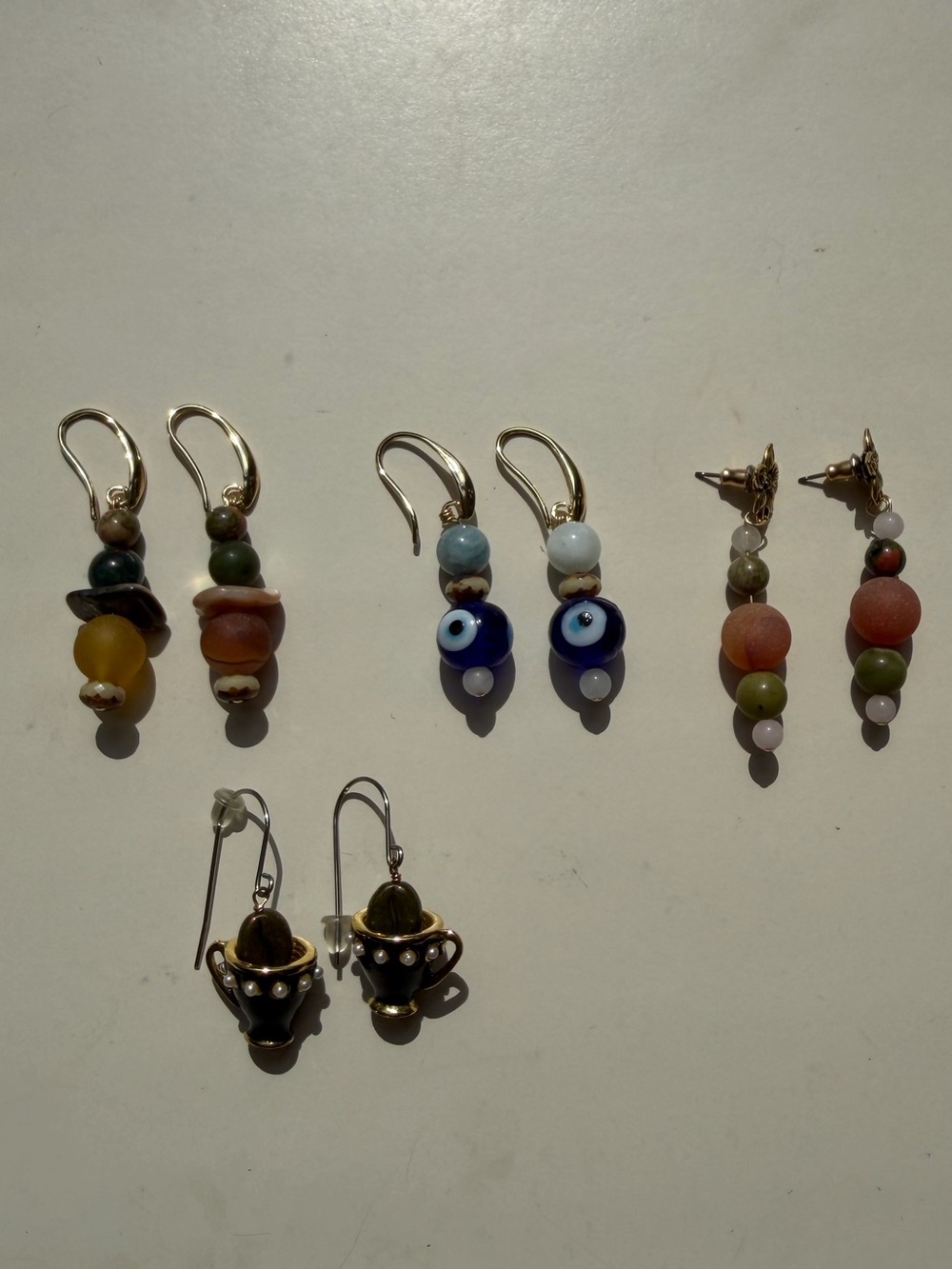 Boho Gemstone Earring Bundle - Set of 4 Pairs (Beaded Drops + Teacup Charms)